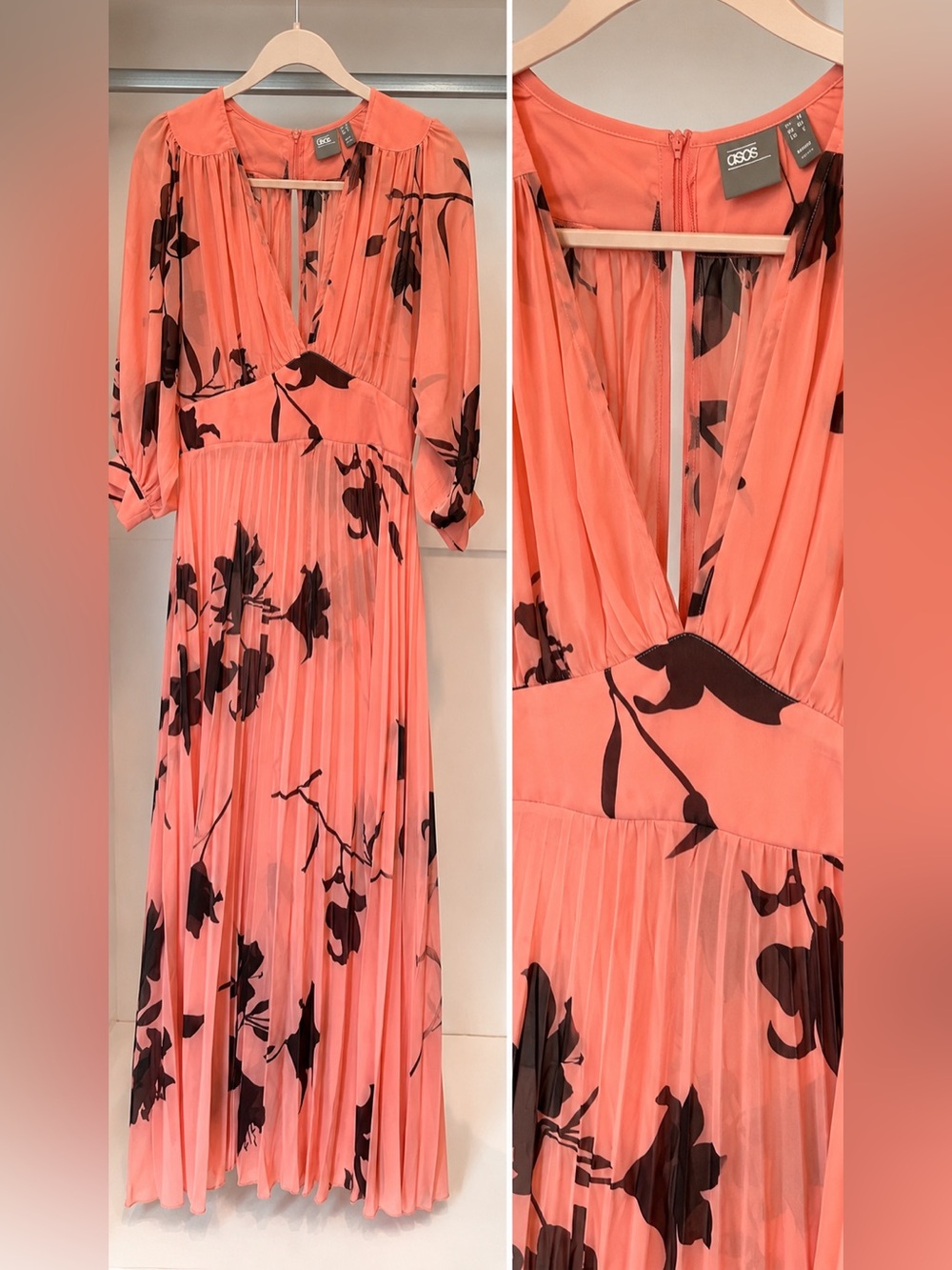 ASOS Coral Floral Pleated Midi Dress Size US 0 / UK 4
